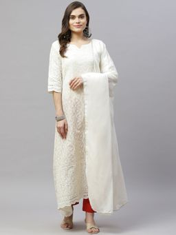 Miravan - White Lucknowi Chikankari With Embroidery Cotton Kurta Gown With Dupatta (Set of 2) (S)