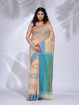 CHARUKRITI - Cream Khadi Handwoven Saree with Temple Border with Unstitched Blouse