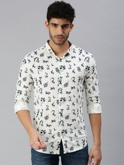 SHOWOFF - Men Roll-Up Sleeves Cream Abstract Shirt
