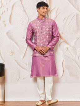Vastramay - Mens Purple Embroidered Nehru Jacket with Kurta and Pant (Set of 3)