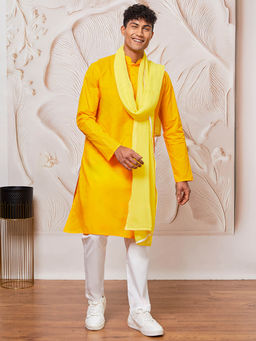 Vastramay - Mens Yellow Solid Kurta with Pyjama and Lace Border Dupatta (Set of 3)