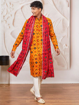 Vastramay - Mens Yellow Patola Printed Kurta with Pant and Dupatta (Set of 3)