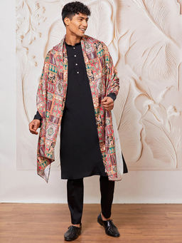 Vastramay - Mens Black Solid Kurta with Pant and Printed Dupatta (Set of 3)