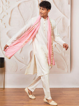 Vastramay - Mens Off White-Pink Solid Kurta with Pant and Sequined Dupatta (Set of 3)