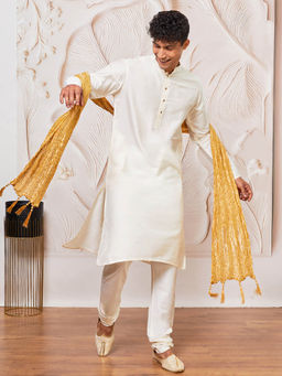 Vastramay - Mens Off White Solid Kurta with Churidar and Crinkled Dupatta (Set of 3)