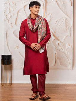 Vastramay - Mens Maroon Solid Kurta with Churidar and Printed Dupatta (Set of 3)