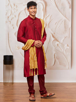 Vastramay - Mens Maroon Solid Kurta with Churidar and Crinkled Dupatta (Set of 3)