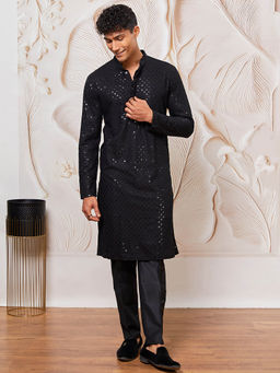 Vastramay - Mens Black Embroidered Sequined Kurta and Pant (Set of 2)