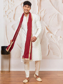Vastramay - Mens Off White-Maroon Woven Kurta with Pant and Sequined Dupatta (Set of 3)