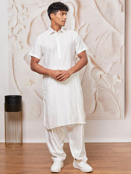 Vastramay - Mens White Embroidered Collar Pathani Kurta with Patiala Salwar (Set of 2)