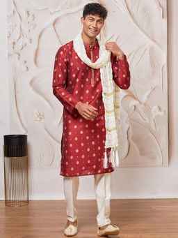 Vastramay - Mens Maroon Printed Kurta with Pant with Dupatta (Set of 3)