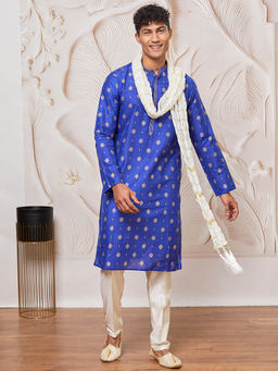 Vastramay - Mens Blue Printed Kurta with Pant with Dupatta (Set of 3)