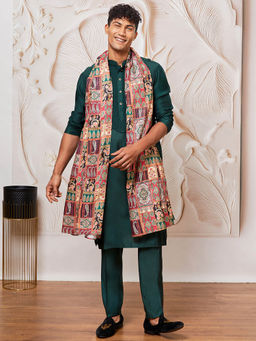 Vastramay - Mens Green Solid Kurta with Pant and Printed Dupatta (Set of 3)