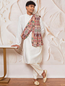 Vastramay - Mens White Solid Kurta with Pant and Printed Dupatta (Set of 3)