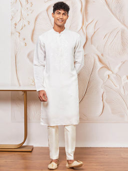 Vastramay - Mens White Yoke Embroidered Kurta and Pant (Set of 2)
