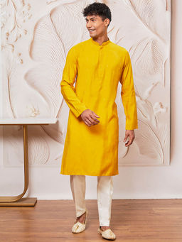 Vastramay - Mens Mustard Cotton Blend Embroidered Kurta and Pant (Set of 2)