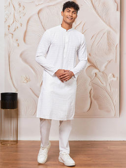 Vastramay - Mens White Embroidered Sequined Kurta and Pyjama (Set of 2)