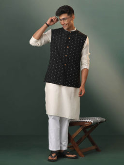 Vastramay - Mens Black-White Woven Nehru Jacket with Kurta and Pant (Set of 3)