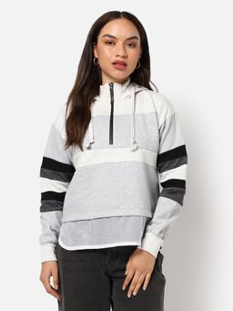 Campus Sutra - Womens Colour-Blocked Zipper Hoodie Sweatshirt Grey