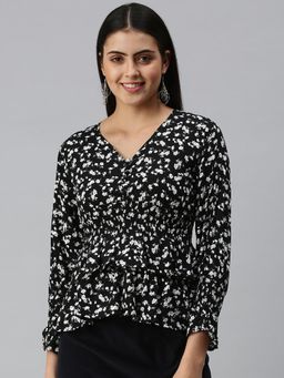 SHOWOFF - Women V-Neck Bell Sleeves Floral Black Top