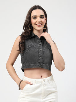 COSMIC TRIO - Panelled Grey Denim Crop Jacket