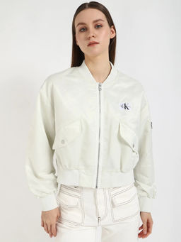 Calvin Klein - White Regular Fit Nylon Baseball Collar Bomber Jacket