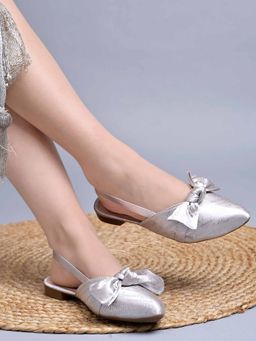Shoetopia - Stylish Decor Bow Point Toe Slingback Silver Mules for Girls