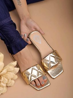 Shoetopia - Stylish Embellished Golden Flats for Girls