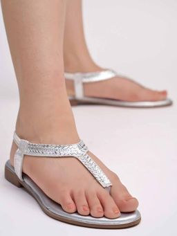 Shoetopia - Embellished Silver Flat Sandals for Girls
