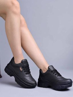 Shoetopia - Lace-Up Detail Black Chunky Sneakers for Girls