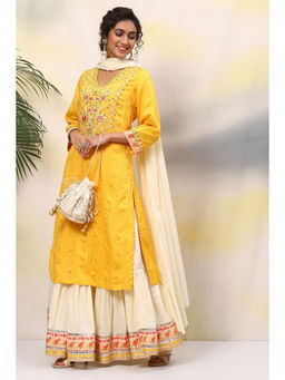 Biba - Yellow- Viscose Cotton Straight Suit (set Of 3)