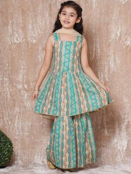 AJ Dezines - Girls Cotton Floral Print Sleeveless Kurta with Sharara Green (Set of 3)