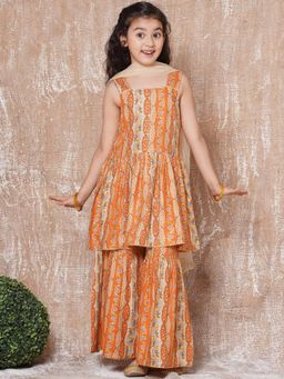AJ Dezines - Girls Cotton Floral Print Sleeveless Kurta with Sharara Orange (Set of 3)