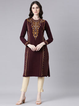 NEERU'S - Maroon Casual Woven Design Straight Kurta