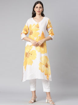 NEERU'S - White Casual Floral Straight Kurta