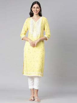 NEERU'S - Yellow Casual Floral Straight Kurta