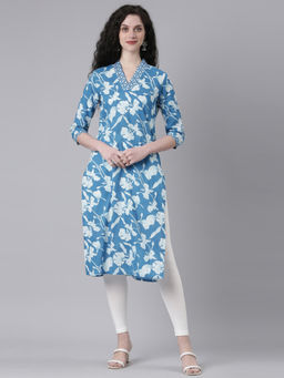 NEERU'S - Blue Casual Floral Straight Kurta