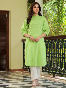 SAVI - Green Cotton Detailed Straight Kurta