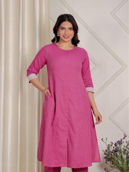 ARAMYA - Women Kantha Cotton A-Line Solid Purple Kurta