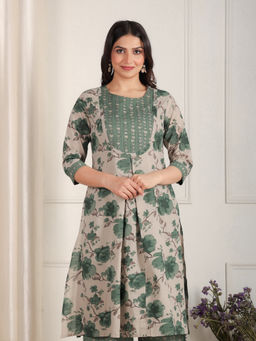ARAMYA - Women Soft Cotton A-Line Floral Print Grey Kurta