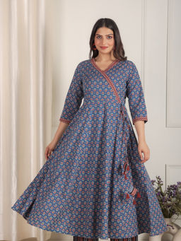 ARAMYA - Women Soft Cotton Angarkha Butti Print Blue Kurta