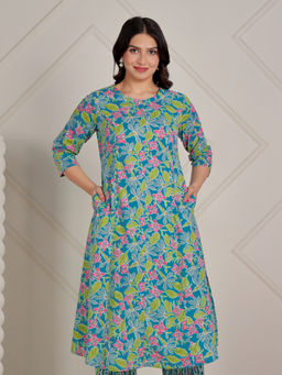 ARAMYA - Women Soft Cotton A-Line Floral Print Blue Kurta