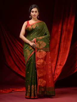 CHARUKRITI - Sap Green Blended Cotton Woven Buttas and Floral Borders Saree with Unstitched Blouse