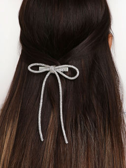 Arendelle - Long Tail Silver Rhinestone Hair Bow Clipss (7-12 Years)