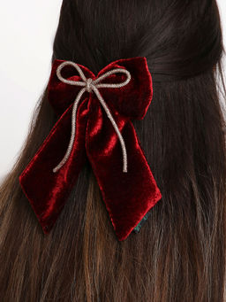Arendelle - Maroon Velvet Pigtail with Rhinestone Cord Hair Bow Clips (7-12 Years)
