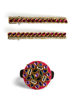Ribbon Candy - Pink Kundan Stone Rubber Band and Alligator Clip (16 Years And Above)