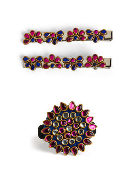 Ribbon Candy - Blue Kundan Stone Rubber Band and Alligator Clip (16 Years And Above)