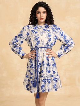 Kazo - White and Blue Floral Brandy Mini Dress with Belt