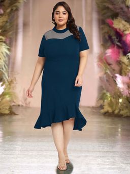 Martini - Women Blue Plus Size Net Yoke Bodycon Dress