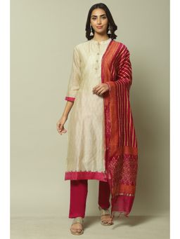 Biba - Pink Chanderi Hand Block Print Unstitched Suit (Set of 3)